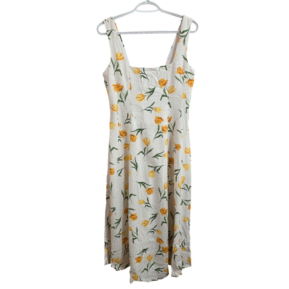 Joie Yellow Tulip Floral Linen Blend Smocked Midi Dress Cream Size 6